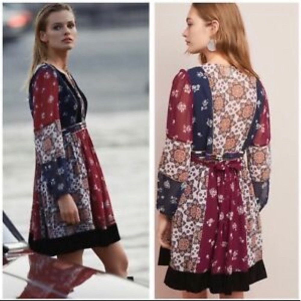 Anthropologie Maeve Quartier Latin Embroidered Patchwork Velvet Dress